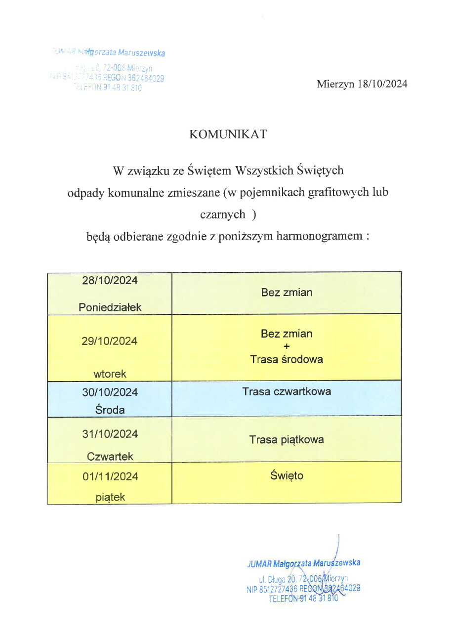 Harmonogram odbioru odpadów zmieszanych w związku ze zbliżającym się Świętem Wszystkich Świętych