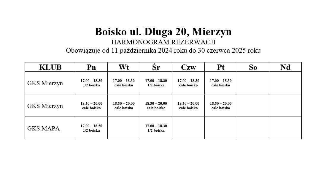 Zdjęcie harmonogramu rezerwacji boiska na ul. Długiej w Mierzynie