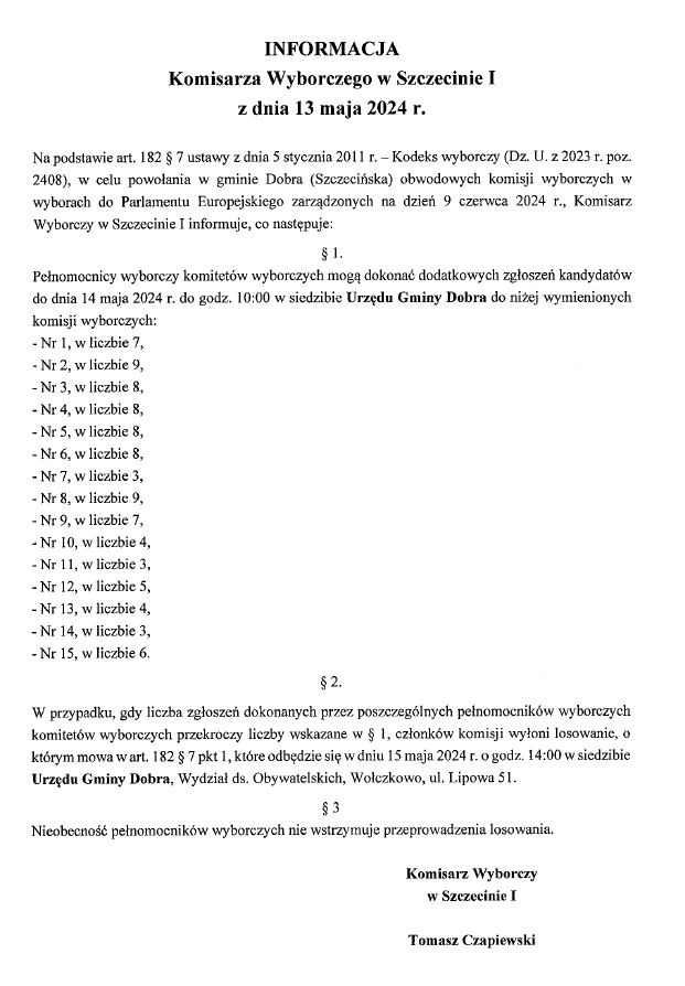 Informacja Komisarza Wyborczego o możliwości dokonania dodatkowych zgłoszeń kandydatów do komisji wyborczych