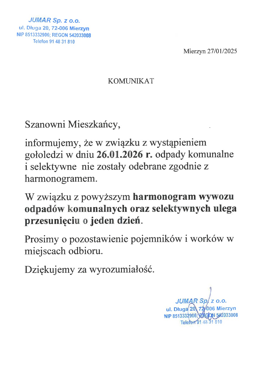 Informacja o wywozie odpadów od firmy JUMAR