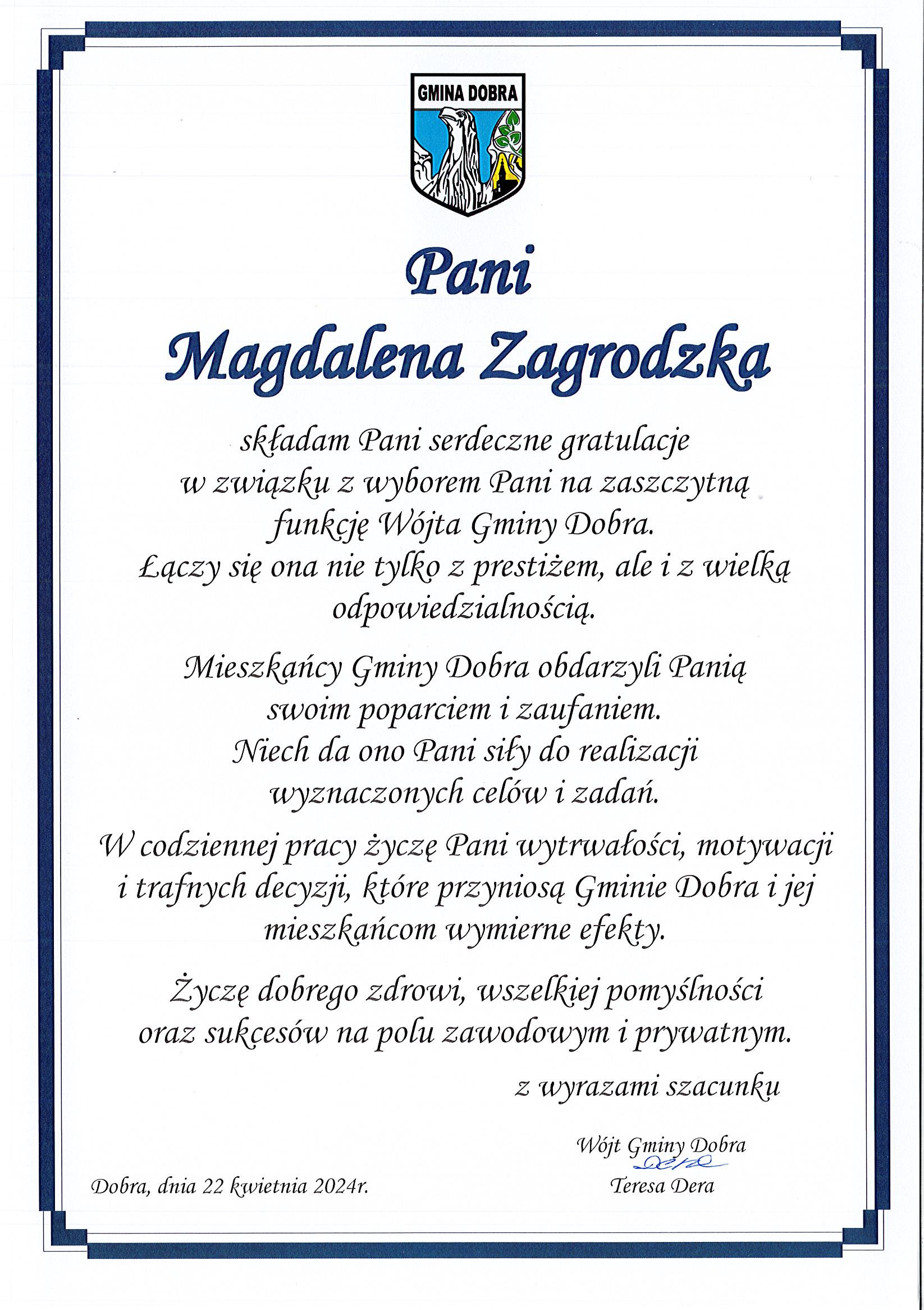 Magdalena Zagrodzka Wójtem Gminy Dobra