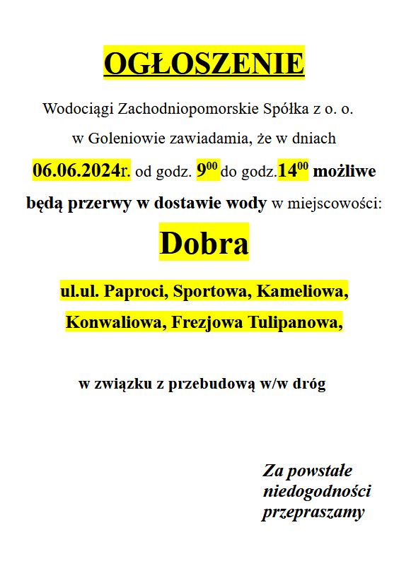 Możliwe przerwy w dostawie wody w Dobrej w dniu 06.062024 godz. 9-14 na ulicach Paproci, Sportowa, Kameliowa, Konwaliowa, Frezjowa Tulipanowa