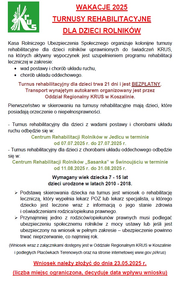 plakat z informacjami na temat turnusu