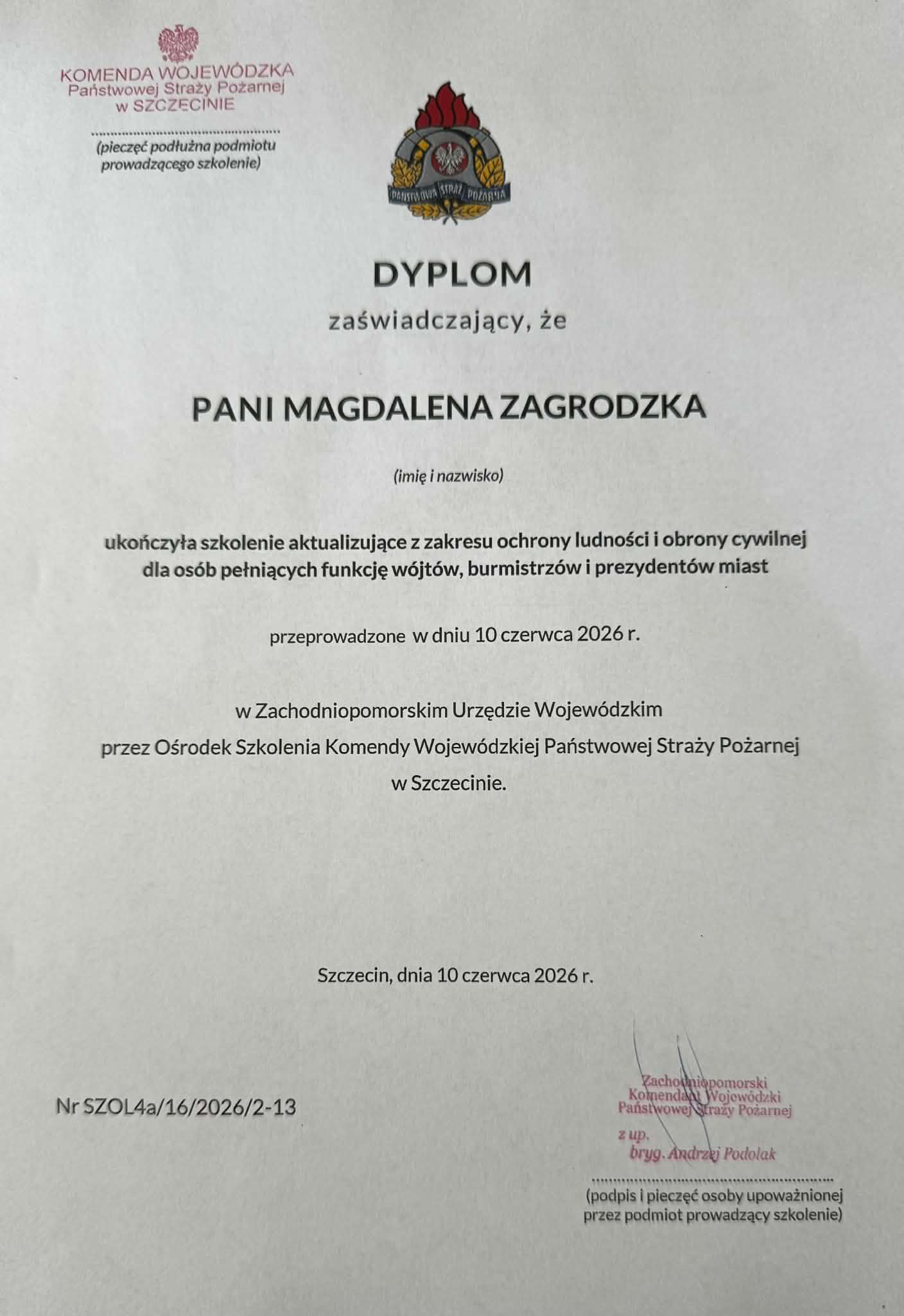 Wójt Gminy Dobra ukończyła szkolenie z zakresu ochrony ludności i obrony cywilnej