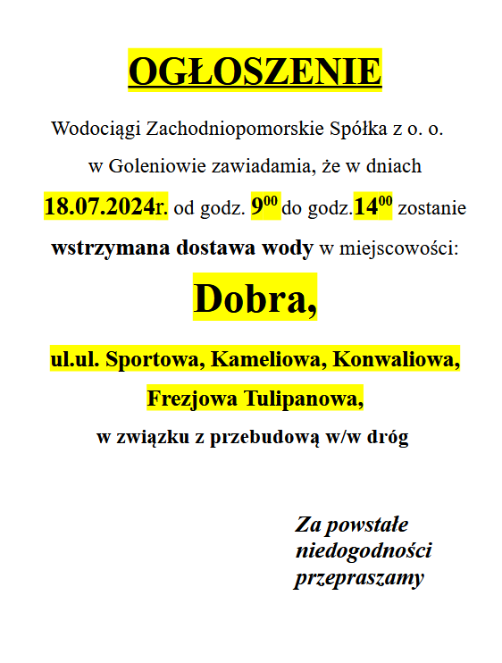 Wstrzymanie dostawy wody w Dobrej w dniu 18.07.2024 godz. 9-14 na ul. Sportowa, Kameliowa, Konwaliowa, Frezjowa Tulipanowa w związku z przebudową w/w dróg