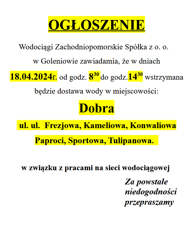 Wstrzymanie wody w Dobrej w dniu 18.04.2024 godz. 8:30-14:00 na ul. Frezjowej, Kameliowej, Konwaliowej, Paproci, Sportowej i Tulipanowej