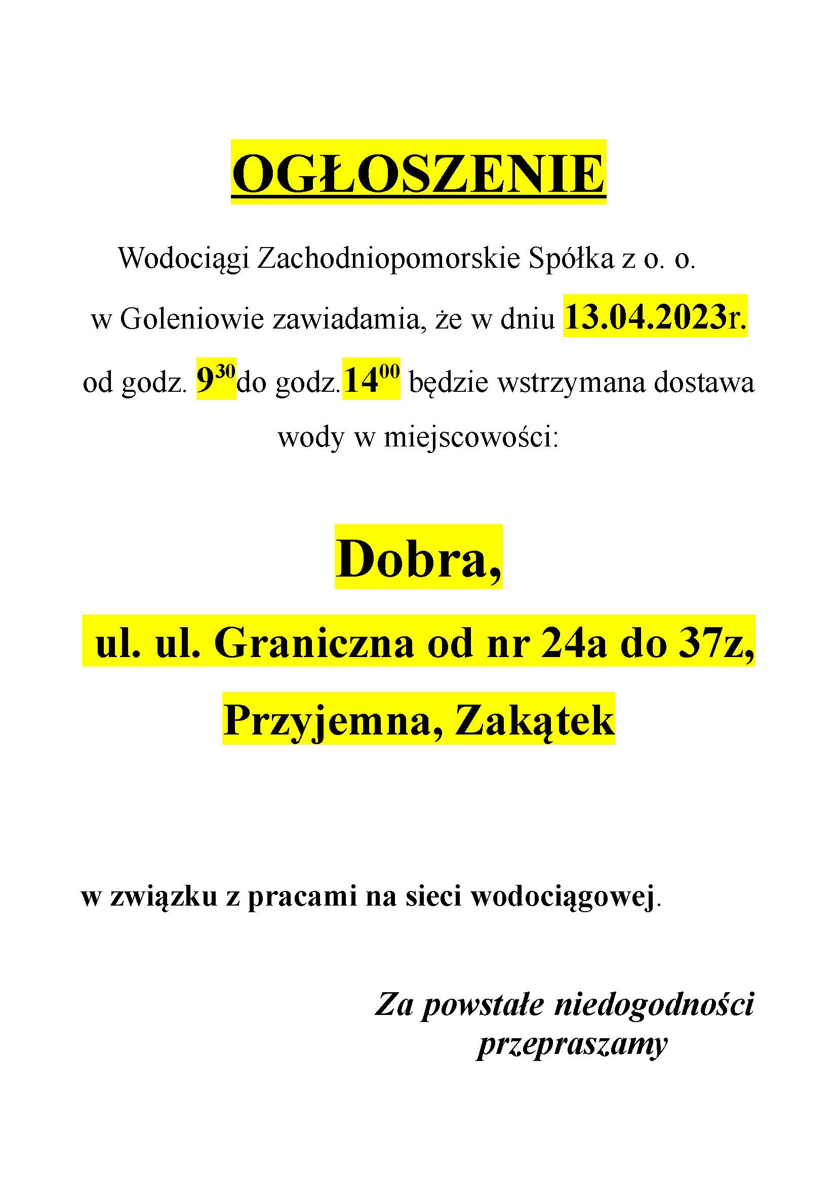 Informacja o wyłączeniu wody w dniu 13.04.2023 r.