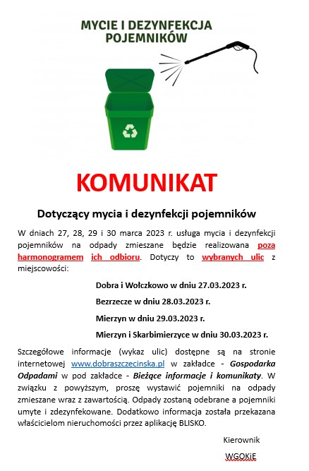 Komunikat dotyczący mycia i dezynfekcji pojemników