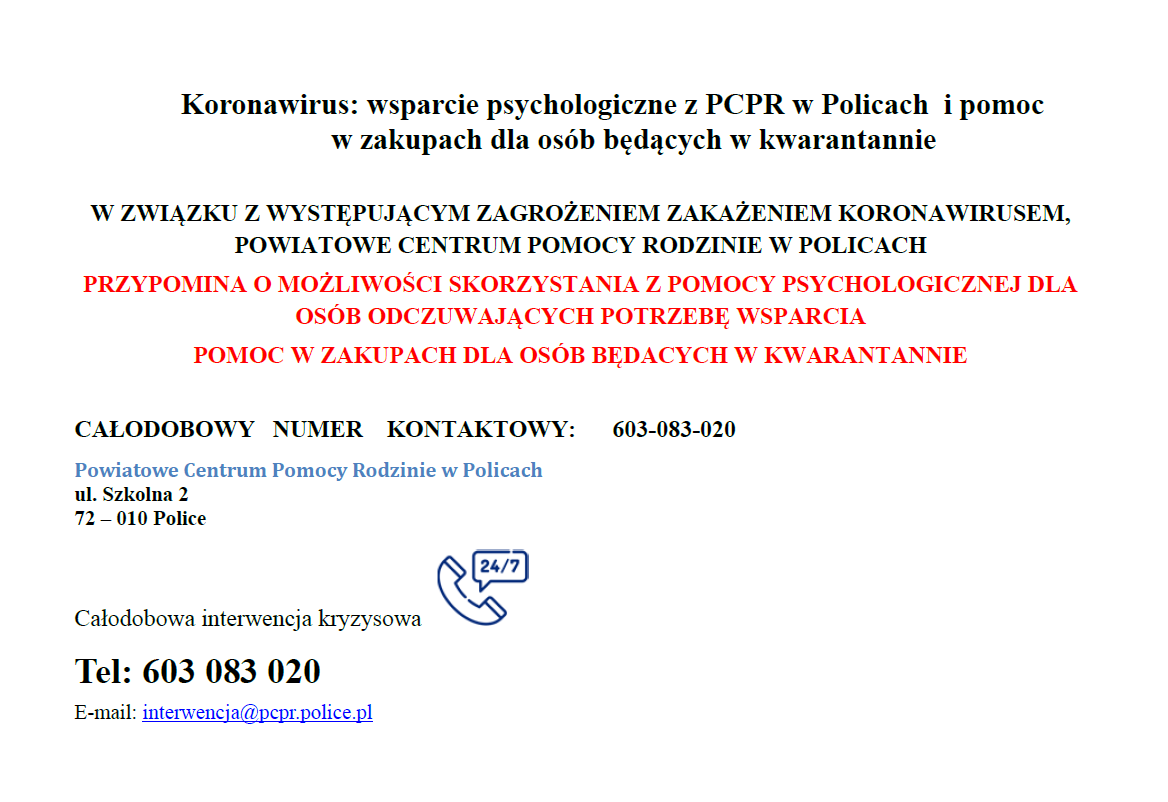 Wsparcie psychologiczne z PCPR w Policach i pomoc w zakupach dla osób będących w kwarantannie