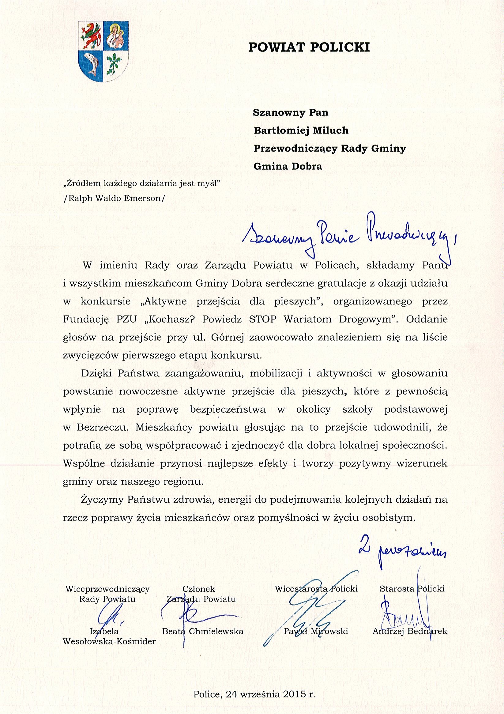 Podziękowania dla mieszkańców za udział w akcji " Aktywne przejścia dla pieszych"