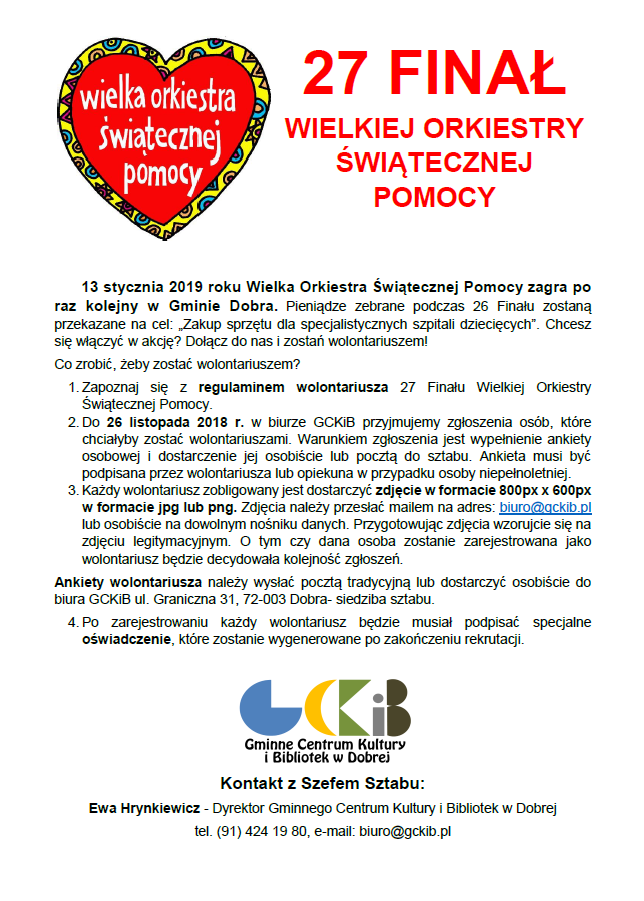 Zaproszenie do pomocy przy 27 Finale Wielkiej Orkiestry Świątecznej Pomocy