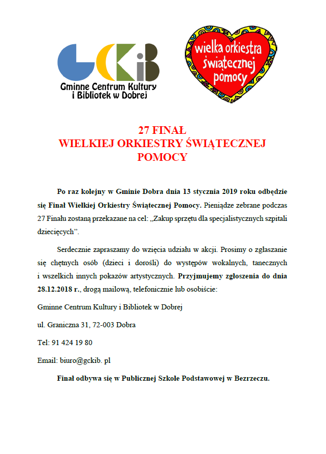 Zaproszenie do zgłaszania chętnych osób do występów podczas 27. Finału Wielkiej Orkiestry Świątecznej Pomocy
