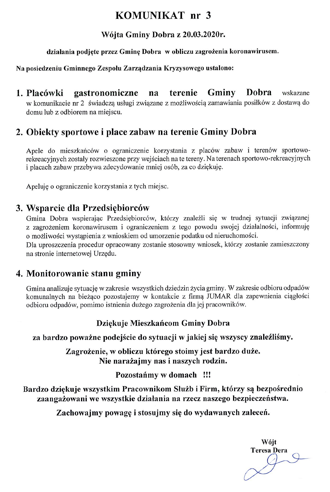 Działania podjęte przez Gminę Dobra w obliczu zagrożenia koronawirusem - komunikat nr 3