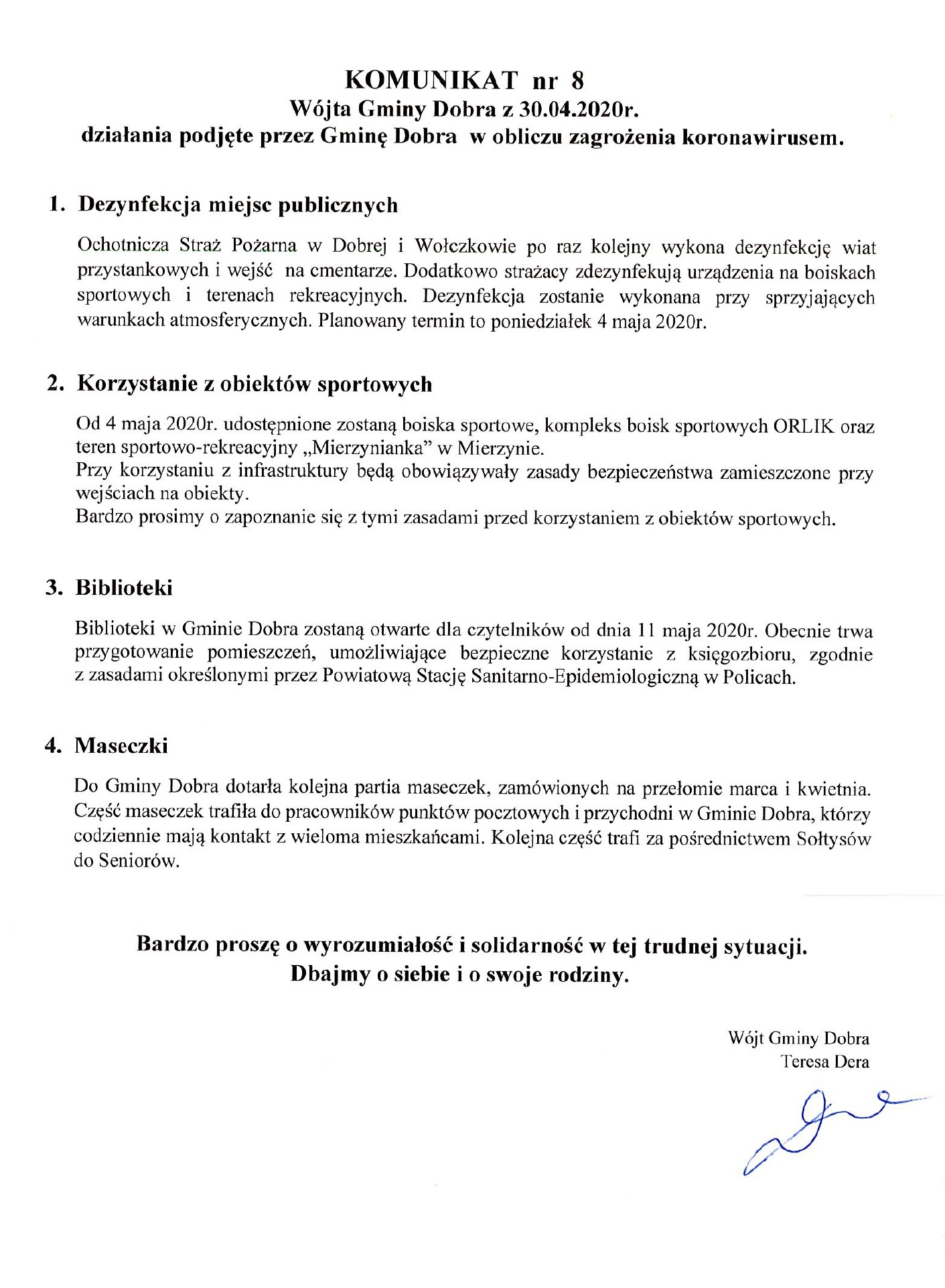 Działania podjęte przez Gminę Dobra w obliczu zagrożenia koronawirusem - komunikat nr 8