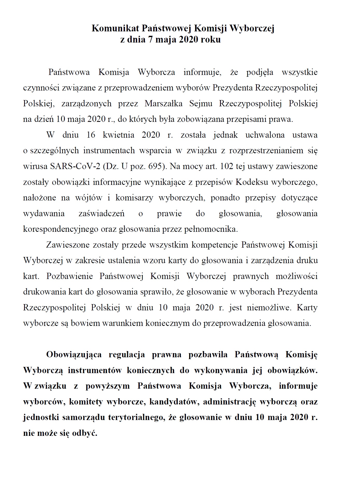  Komunikat Państwowej Komisji Wyborczej z dnia 7 maja 2020 roku