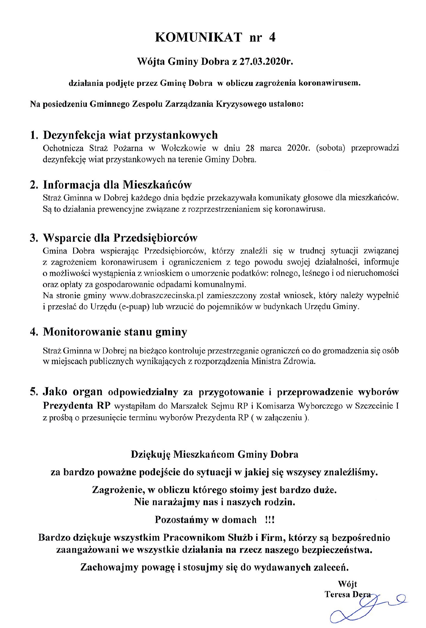 Działania podjęte przez Gminę Dobra w obliczu zagrożenia koronawirusem - komunikat nr 4