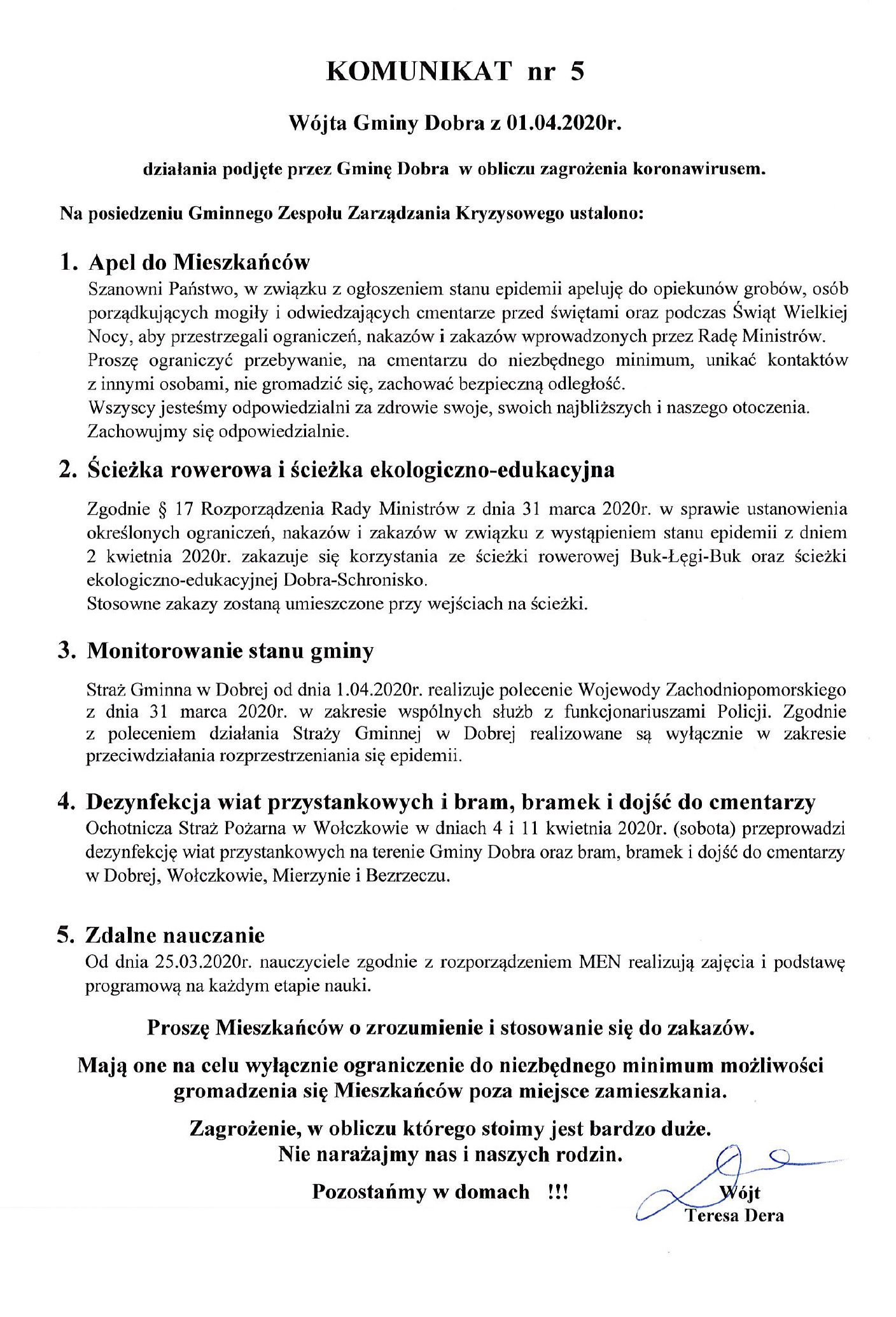Działania podjęte przez Gminę Dobra w obliczu zagrożenia koronawirusem - komunikat nr 5