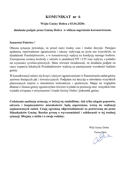 Działania podjęte przez Gminę Dobra w obliczu zagrożenia koronawirusem - komunikat nr 6