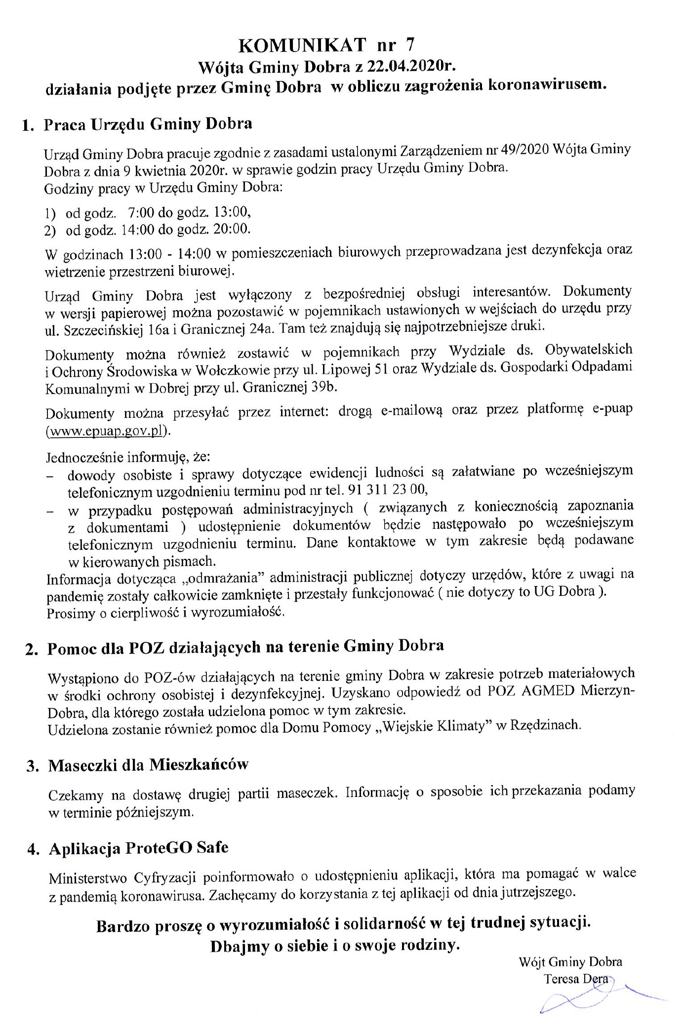 Działania podjęte przez Gminę Dobra w obliczu zagrożenia koronawirusem - komunikat nr 7