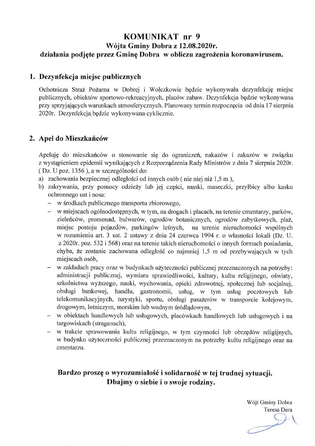 Kolejne działania podjęte przez Gminę Dobra w obliczu zagrożenia koronawirusem