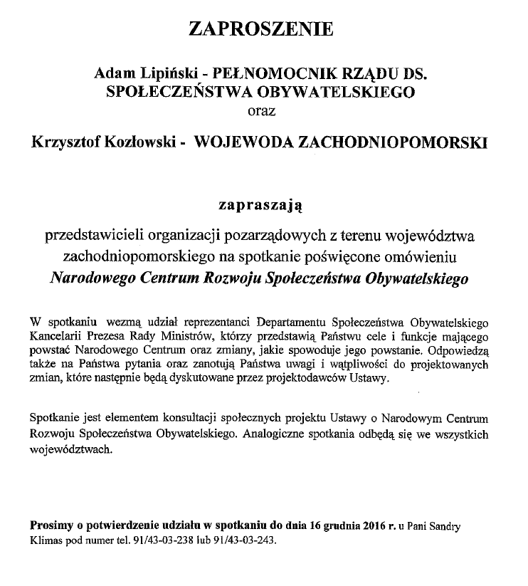 Zaproszenie na spotkanie dotyczące Narodowego Centrum Rozwoju Społeczeństwa Obywatelskiego