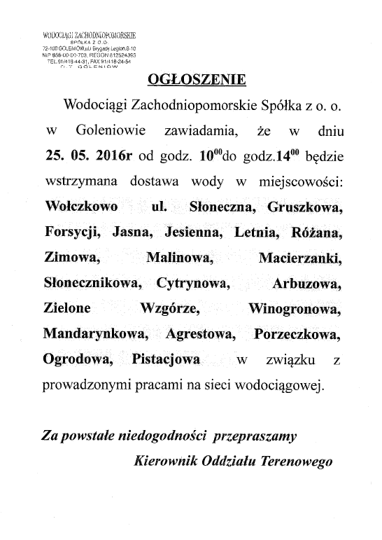 Ogłoszenie - wyłączenie wody w Wołczkowie