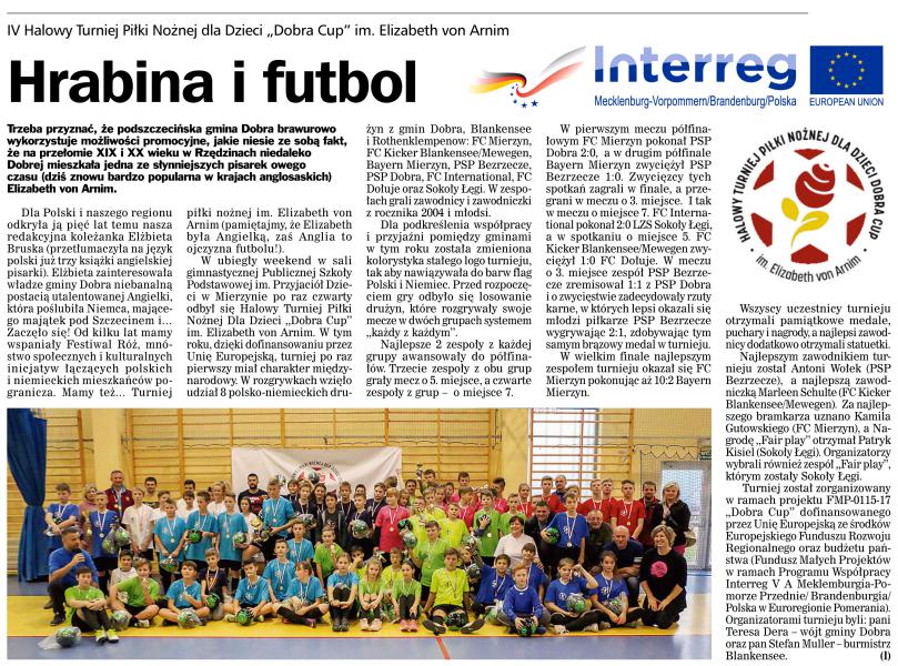 "Hrabina i futbol" czyli o Dobra Cup w Kurierze Szczecińskim (24.11.2017)