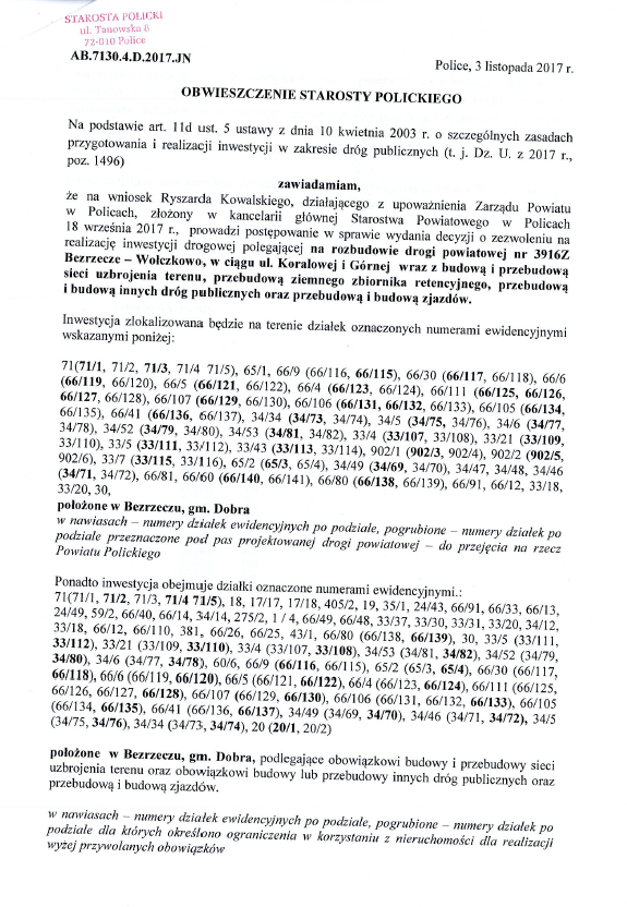 Obwieszczenie Starosty Polickiego z dnia 3 listopada 2017 r.