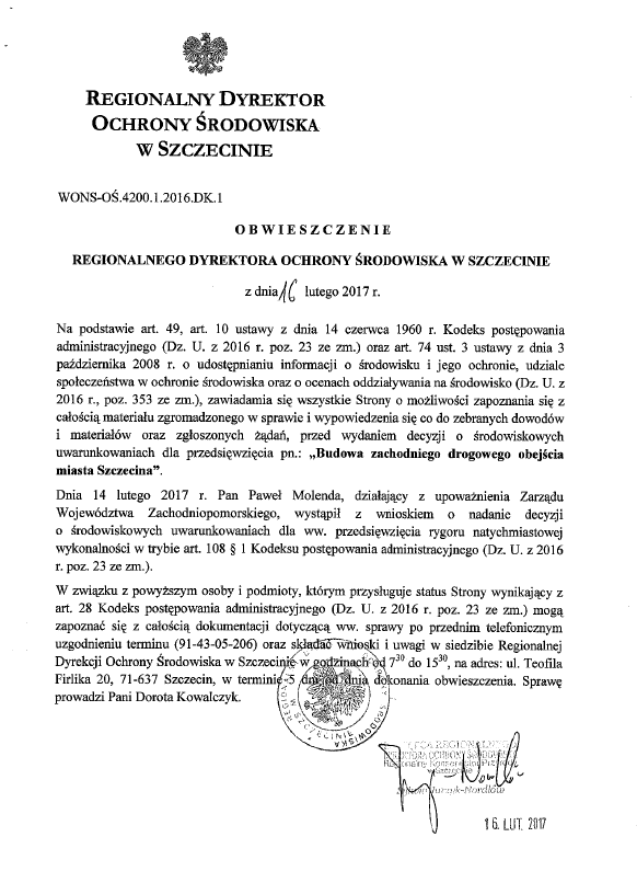 Obwieszczenie Regionalnego Dyrektora Ochrony Środowiska w Szczecinie z dnia 16 lutego 2017 r.