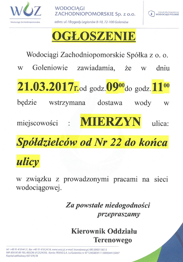 Wstrzymanie dostawy wody na ul. Spółdzielców w Mierzynie