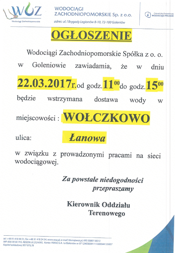 Wstrzymanie dostawy wody na ul. Łanowej w Wołczkowie