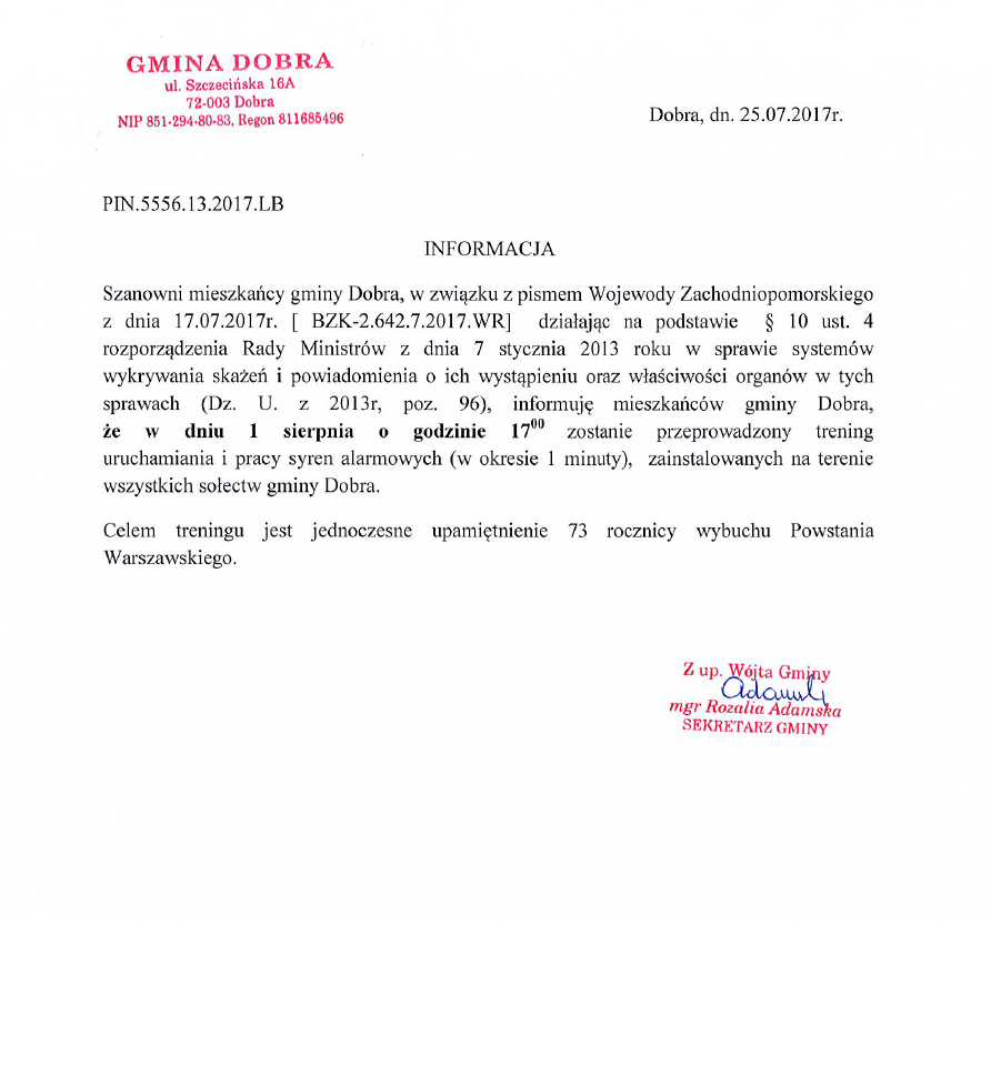 Trening uruchamiania i pracy syren alarmowych w Gminie Dobra