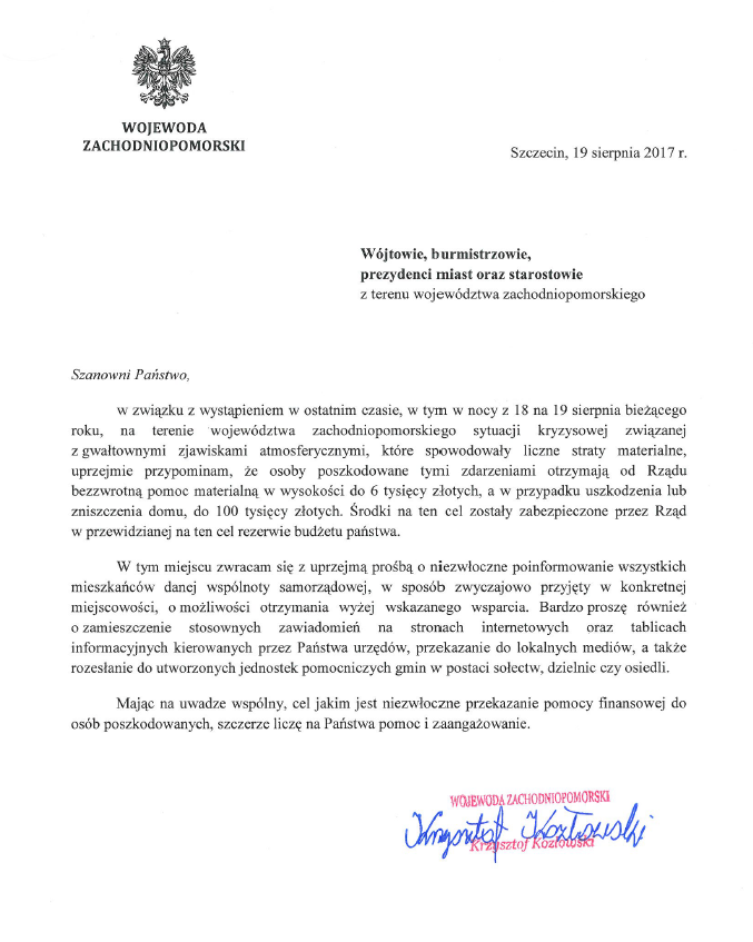 Pismo Wojewody w sprawie pomocy osobom poszkodowanym w trakcie nawałnic