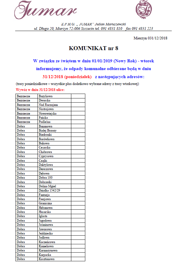 Zmiana harmonogramu odbioru odpadów komunalnych - Nowy Rok 