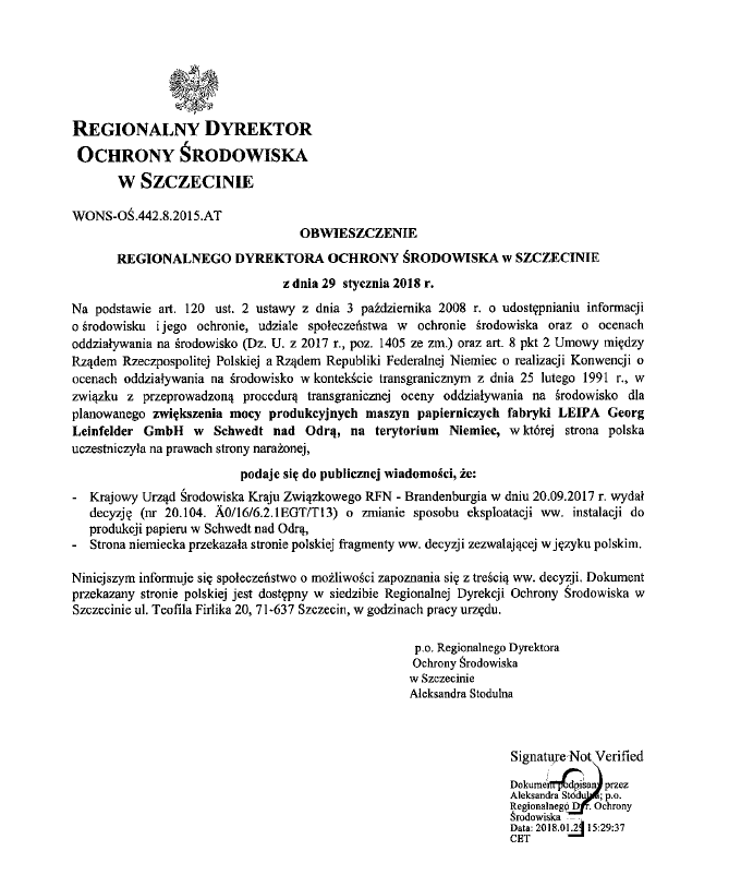 Obwieszczenie Regionalnego Dyrektora Ochrony Środowiska w Szczecinie z dnia 29 stycznia 2018 r.