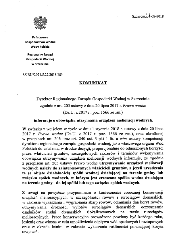 Komunikat Regionalnego Zarządu Gospodarki Wodnej w Szczecinie