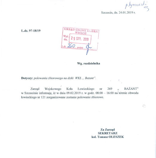 Polowanie zbiorowe na dziki  WKŁ "Bażant" w dniu 9 luty 2019 r.