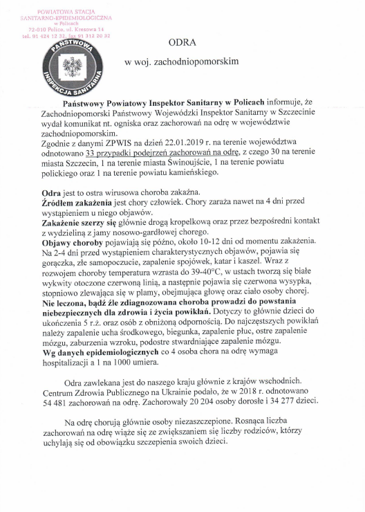Ostrzeżenie Państwowego Inspektoratu Sanitarnego w Policach