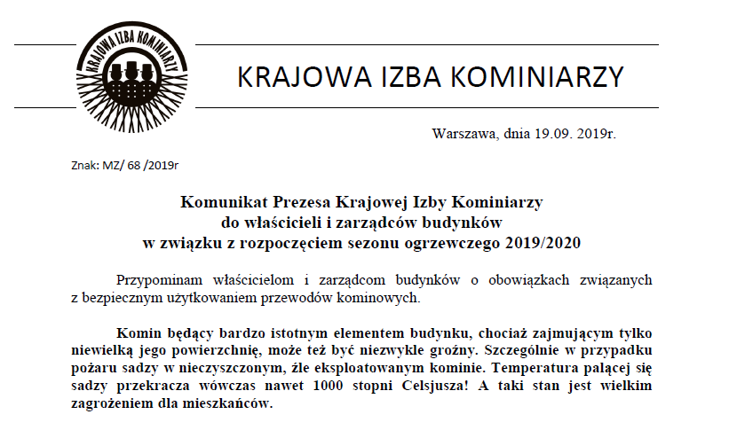 Komunikat Prezesa Krajowej Izby Kominiarzy 
