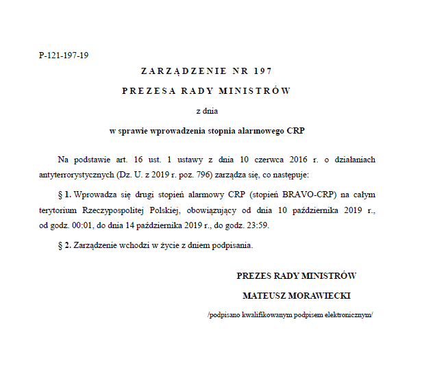 Zarządzenie Nr 197 Prezesa Rady Ministrów w sprawie wprowadzenia stopnia alarmowego CRP