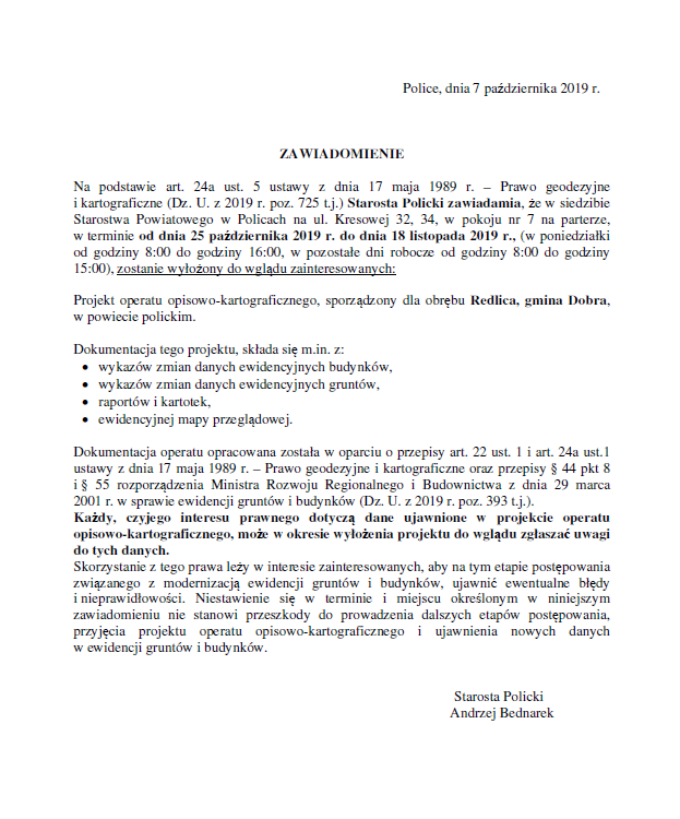 Zawiadomienie Starosty Polickiego o wyłożeniu do wglądu projektu operatu opisowo-kartograficznego, sporządzonego dla obrębu Redlica, gmina Dobra