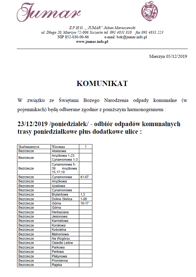 Zmiana odbioru odpadów komunalnych w okresie Bożego Narodzernia