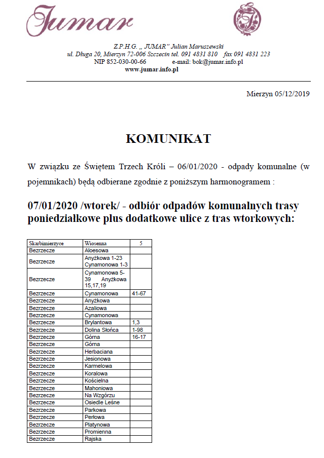 Zmiana odbioru odpadów komunalnych w związku ze Świętem Trzech Króli