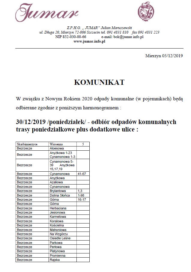Zmiana odbioru odpadów komunalnych z uwagi na Nowy Rok