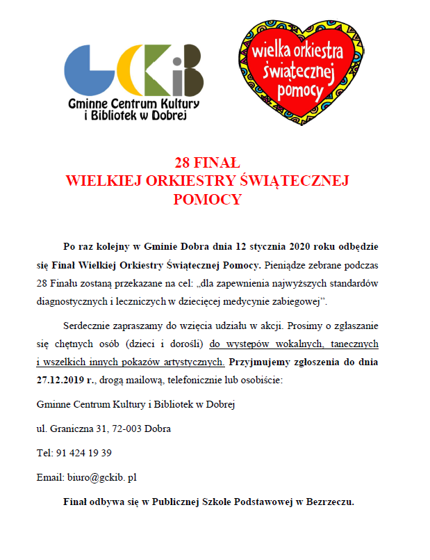 Można zgłosić swój występ podczas 28 finału Wielkiej Orkiestry Świątecznej Pomocy w Gminie Dobra
