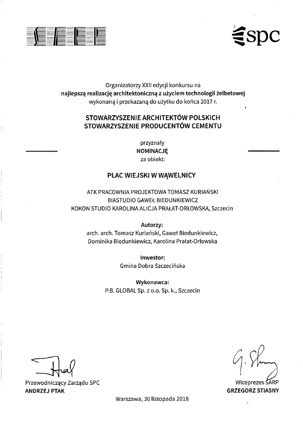 Nominacja za plac wiejski w Wąwelnicy