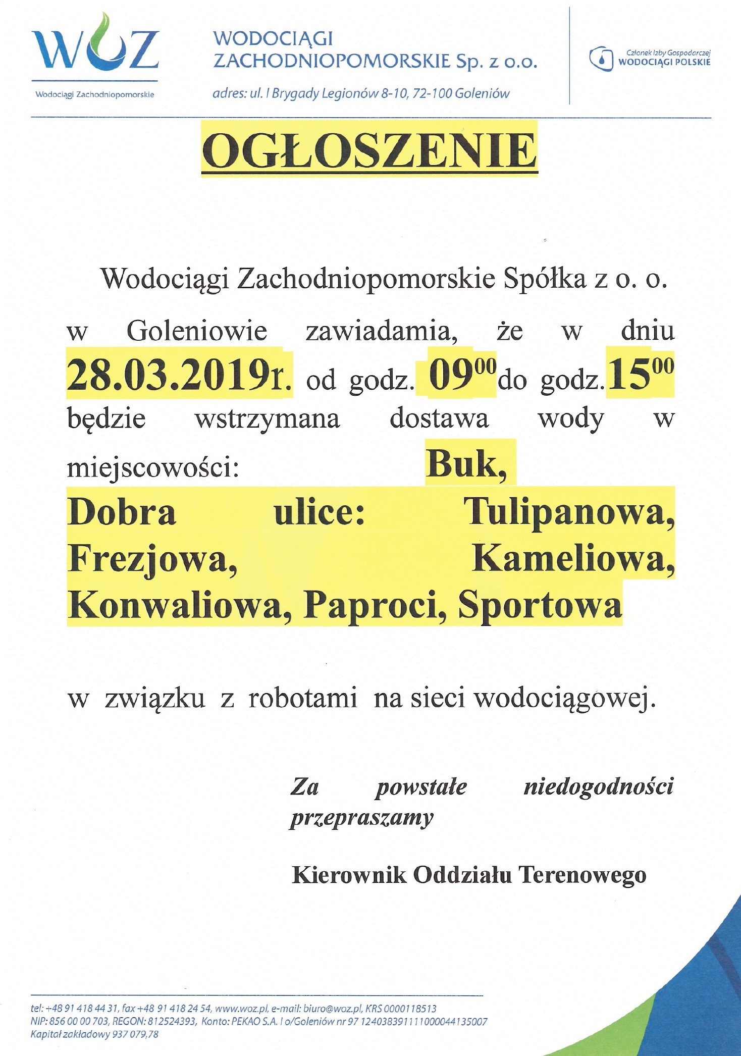 Ogłoszenie o wstrzymaniu dostawy wody w dniu 28.03.2019r. 