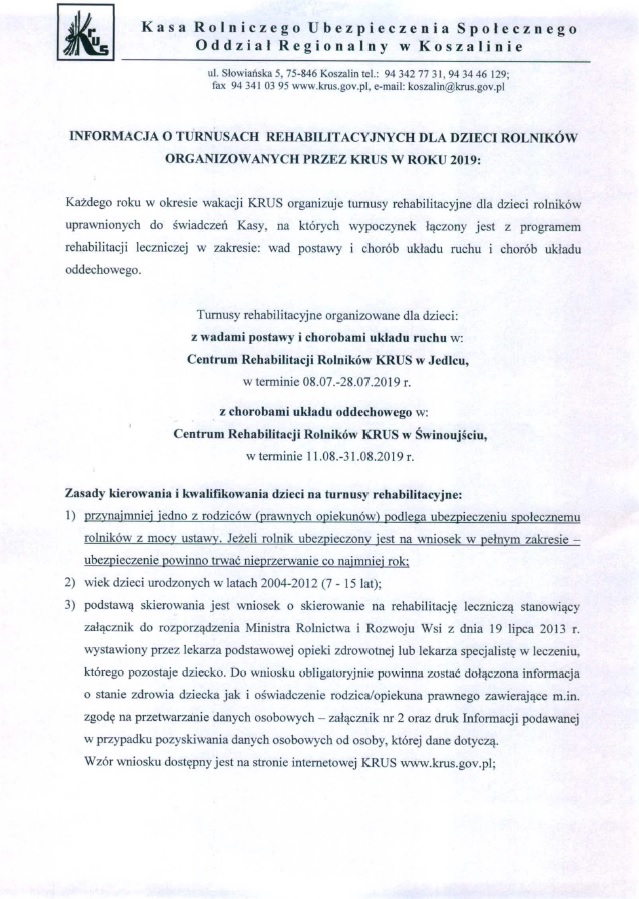 Informacja o turnusach rehabilitacyjnych dla dzieci rolników organizowanych przez KRUS w roku 2019