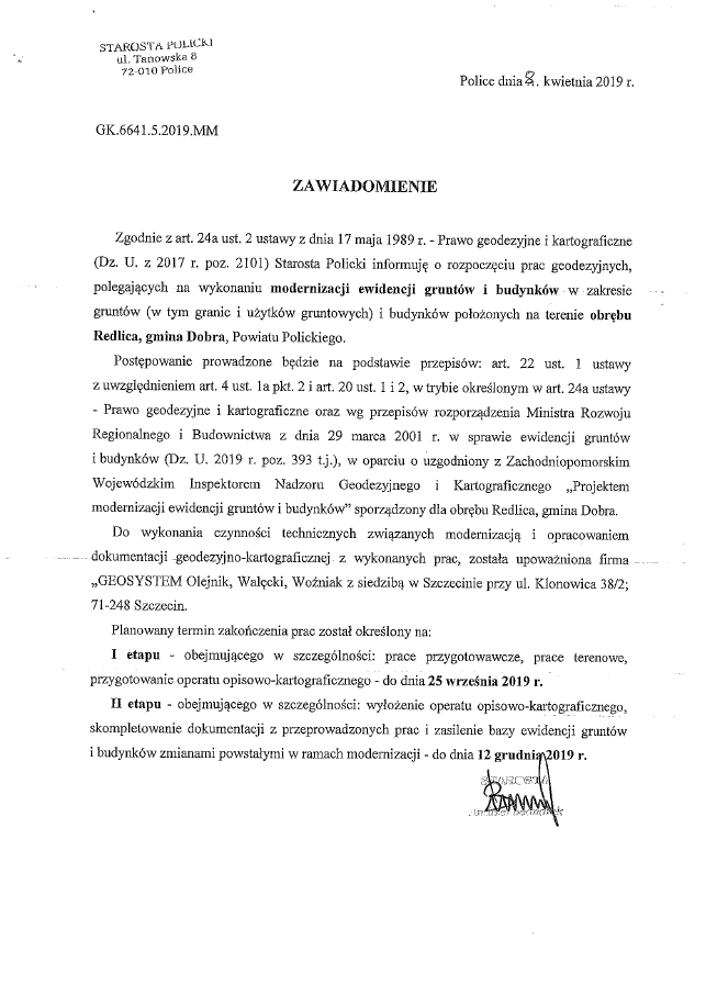 Modernizacja ewidencji gruntów i budynków w zakresie gruntów i budynków położonych na terenie obrębu Redlica