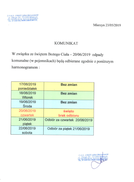 Zmiana harmonogramu odbioru odpadów komunalnych ze względu na Święto Bożego Ciała